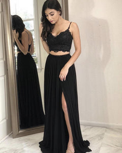 Elegant Lace Crop Chiffon Split Prom Dresses Two Piece