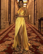 Load image into Gallery viewer, Long Satin Halter Prom Dresses Backless Evening Gowns
