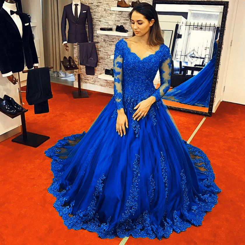 Long Sleeves Royal Blue Lace Ball Gowns Wedding Dresses