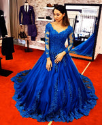 Afbeelding in Gallery-weergave laden, Long Sleeves Royal Blue Lace Ball Gowns Wedding Dresses
