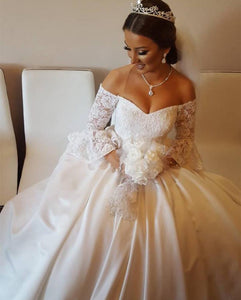 V Neck Off The Shoulder Satin Wedding Ball Gown Dresses Lace Puffy Sleeves