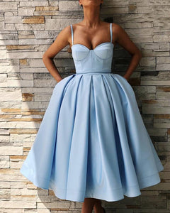 Tea-Length-Bridesmaid-Dresses-Light-Blue-Satin-Party-Dress