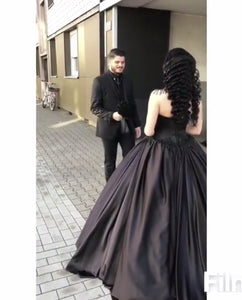 Black Satin Sweetheart Wedding Dresses Ball Gowns Lace Appliques