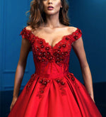 Load image into Gallery viewer, Lace Flowers Beaded V-neck Satin Prom Dresses Ball Gown Off Shoulder
