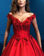 Load image into Gallery viewer, Lace Flowers Beaded V-neck Satin Prom Dresses Ball Gown Off Shoulder
