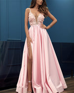 Load image into Gallery viewer, Elegant Lace Embroidery V-neck Satin Split Evening Prom Dresses 2019
