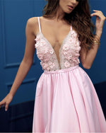 Load image into Gallery viewer, Elegant-Formal-Gowns-Long-Satin-Flowers-Beaded-Prom-Dress
