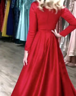 Load image into Gallery viewer, Satin-Evening-Gowns-Long-Sleeves-Prom-Dress-Leg-Split
