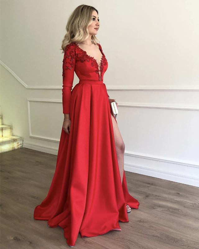 Sexy-Leg-Slit-Satin-Evening-Dresses-Long-Sleeves-Prom-Gowns