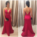 Load image into Gallery viewer, Fuchsia Satin V Neck  Mermaid Evening Dresses 2018 Backless Prom Gowns
