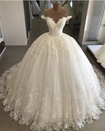 Cargar imagen en el visor de la galería, Vintage-Lace-Beaded-Tulle-Off-The-Shoulder-Wedding-Dresses-Ball-Gowns
