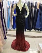 Load image into Gallery viewer, Ombre Mermaid V-neck Court Train Prom Sequins Dresses
