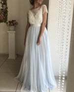 Afbeelding in Gallery-weergave laden, Silver Tulle Bow Back Wedding Dresses Lace Short Sleeves
