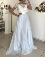Load image into Gallery viewer, Silver Tulle Bow Back Wedding Dresses Lace Short Sleeves
