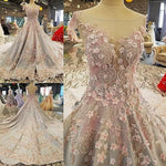 Cargar imagen en el visor de la galería, Luxurious 3D Lace Flowers Light Blue Satin Ball Gown Wedding Dresses 2018
