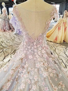 Luxurious 3D Lace Flowers Light Blue Satin Ball Gown Wedding Dresses 2018