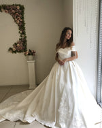 Load image into Gallery viewer, Off-The-Shoulder Ball Gown Satin Wedding Dresses Lace Embroidery
