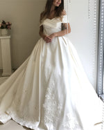 Load image into Gallery viewer, Off-The-Shoulder Ball Gown Satin Wedding Dresses Lace Embroidery
