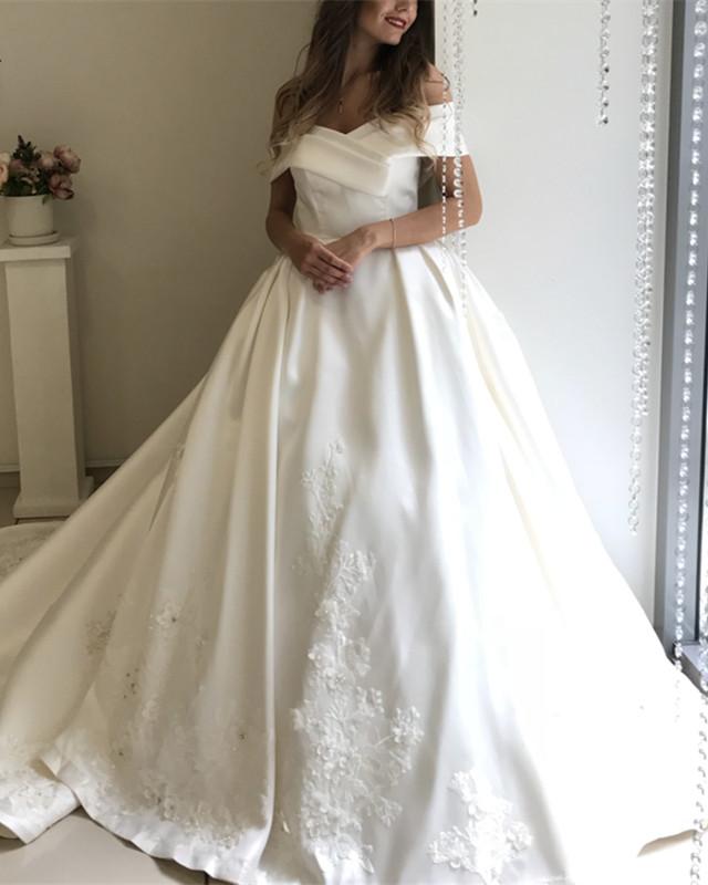 Elegant Off The Shoulder Sweep Train Satin Wedding Dresses Lace Embroidery