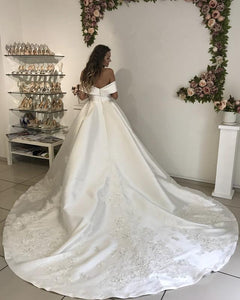 Elegant Off The Shoulder Sweep Train Satin Wedding Dresses Lace Embroidery