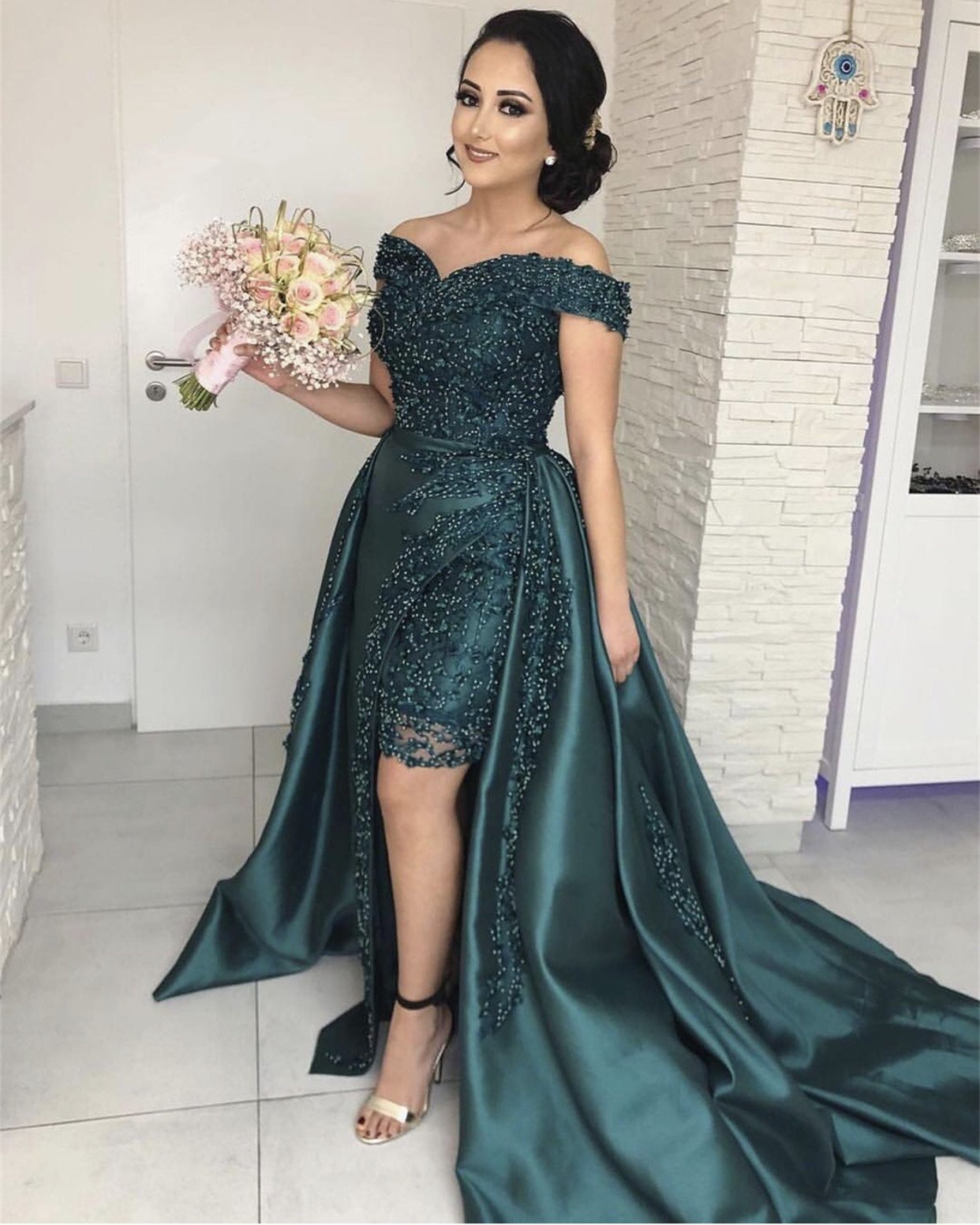 Luxury Pearl Beaded V-neck Off Shoulder Evening Dresses