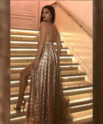 Cargar imagen en el visor de la galería, Long V-neck Gold Sequins Prom Evening Dresses 2019
