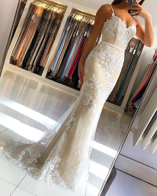 Spaghetti Straps Lace Embroidery Sweetheart Tulle Mermaid Prom Dresses