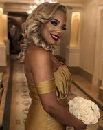 Load image into Gallery viewer, Long Gold Satin Off Shoulder Mermaid Bridesmaid Dresses

