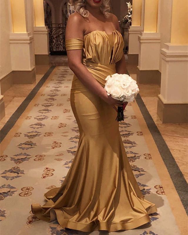 Long Gold Satin Off Shoulder Mermaid Bridesmaid Dresses