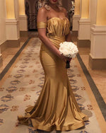 Load image into Gallery viewer, Long Gold Satin Off Shoulder Mermaid Bridesmaid Dresses
