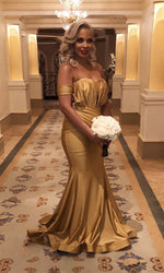 Cargar imagen en el visor de la galería, Long Gold Satin Off Shoulder Mermaid Bridesmaid Dresses
