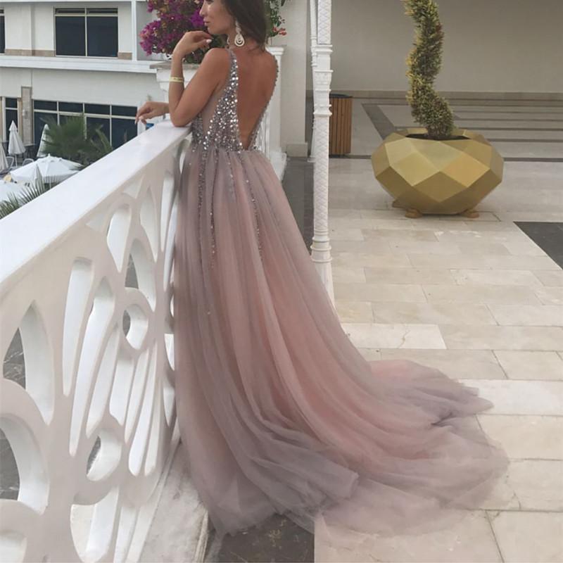 Peach And Grey Tulle V Neck Prom Long Dresses With Sequins Beaded