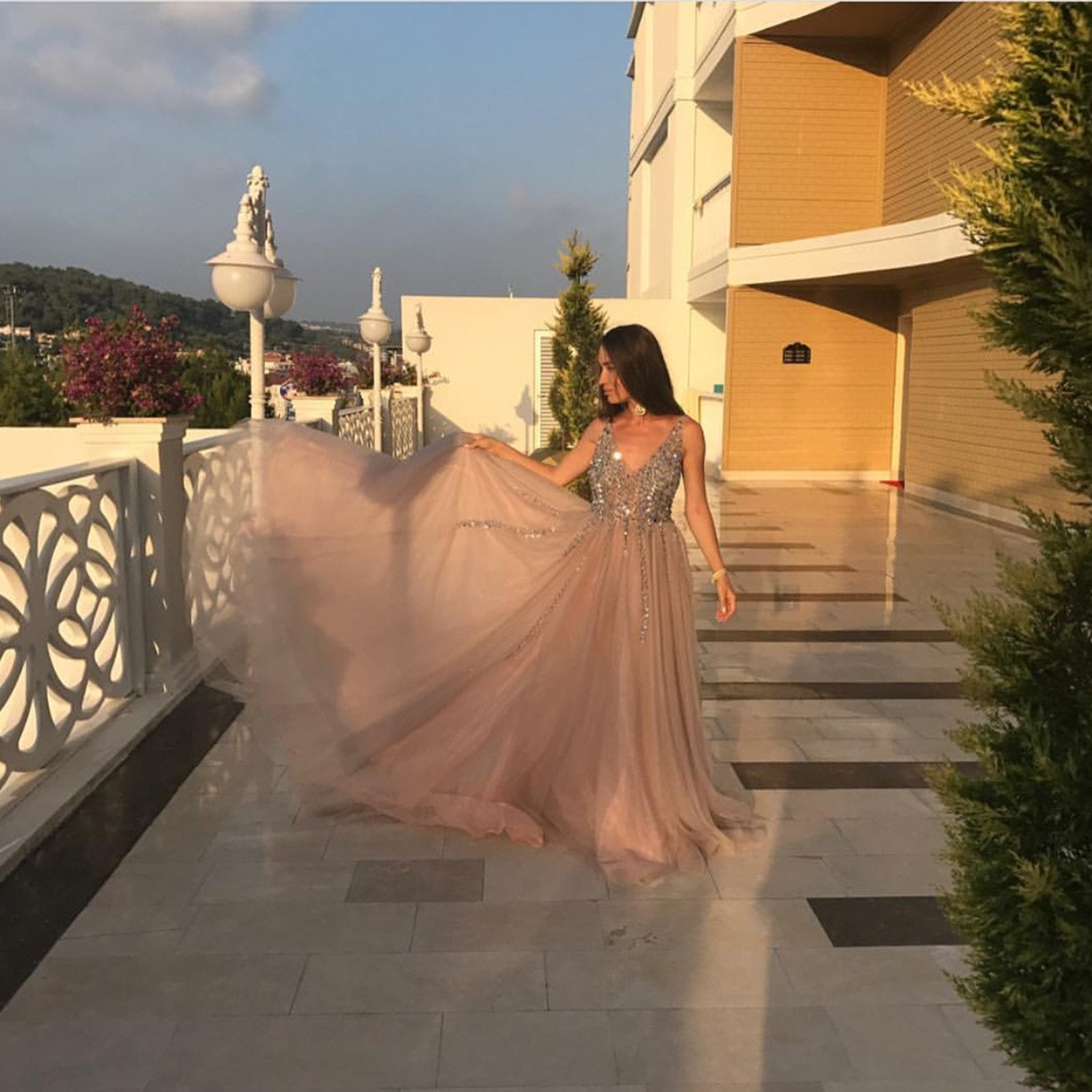 Peach And Grey Tulle V Neck Prom Long Dresses With Sequins Beaded