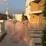 Load image into Gallery viewer, Peach And Grey Tulle V Neck Prom Long Dresses With Sequins Beaded
