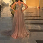 Load image into Gallery viewer, Peach And Grey Tulle V Neck Prom Long Dresses With Sequins Beaded
