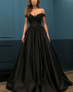 Load image into Gallery viewer, Elegant Lace Beaded Off Shoulder Satin Prom Dresses Ball Gowns
