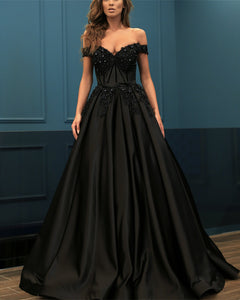 Elegant Lace Beaded Off Shoulder Satin Prom Dresses Ball Gowns