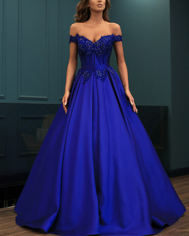 Elegant Lace Beaded Off Shoulder Satin Prom Dresses Ball Gowns