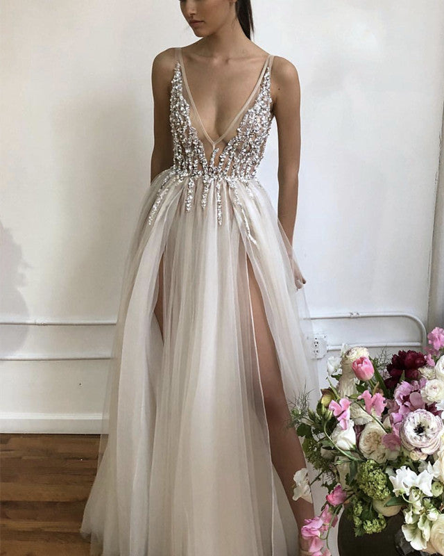 Tulle Long V Neck Prom Evening Dresses Double Split