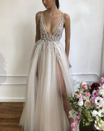 Load image into Gallery viewer, Tulle Long V Neck Prom Evening Dresses Double Split
