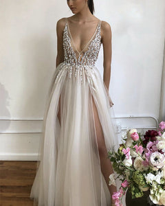 Tulle Long V Neck Prom Evening Dresses Double Split