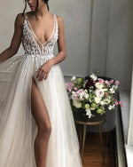 Load image into Gallery viewer, Tulle Long V Neck Prom Evening Dresses Double Split
