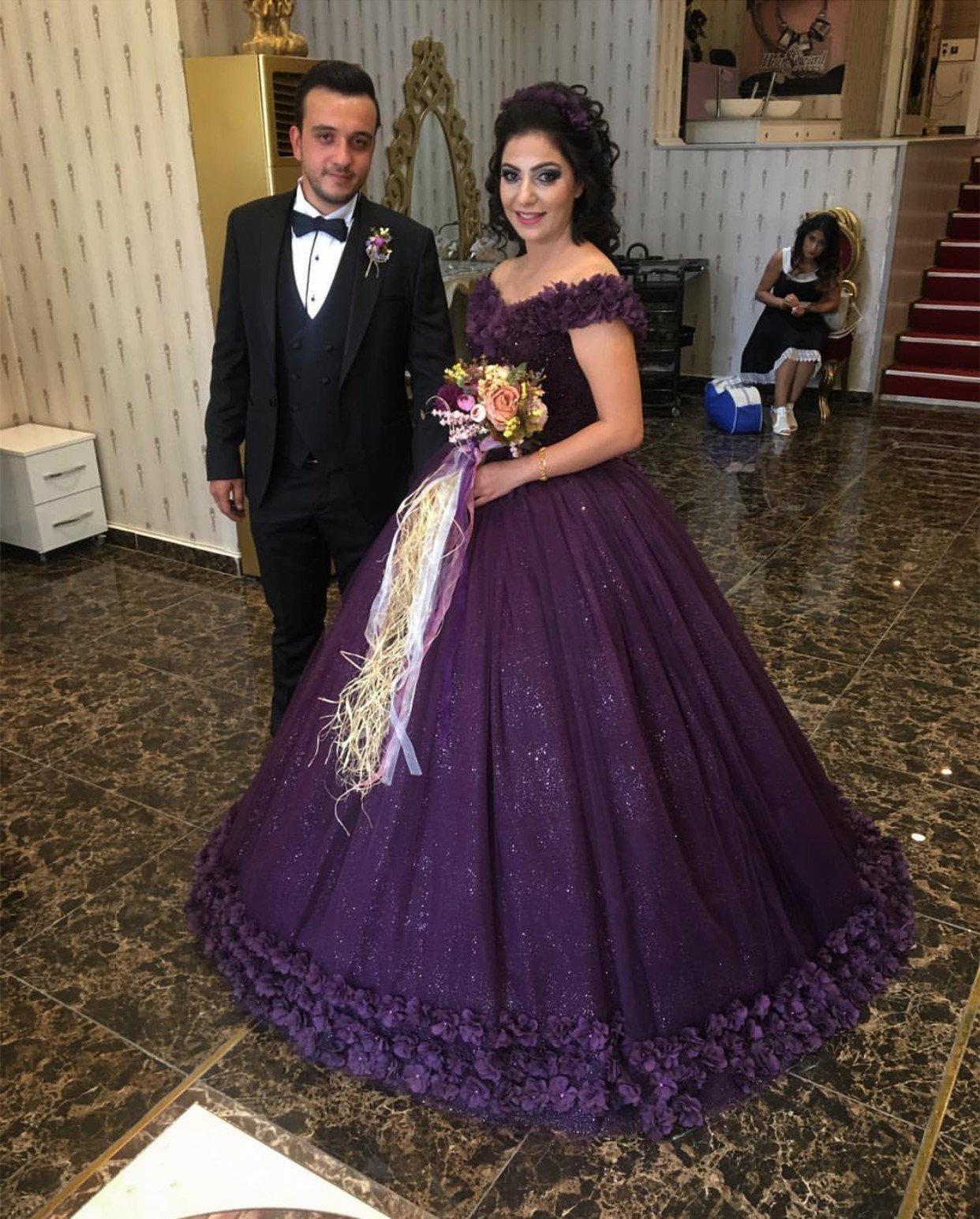 Purple Flower Wedding Dresses Ball Gown V-Neck Off The Shoulder