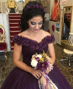 Purple Flower Wedding Dresses Ball Gown V-Neck Off The Shoulder