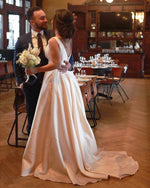 Load image into Gallery viewer, Plunge V-neck Long Satin Prom Dresses Open Back Evening Gowns
