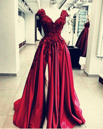 Cargar imagen en el visor de la galería, Lace Flowers Beaded Cap Sleeves V-neck Prom Dresses Split Evening Gowns
