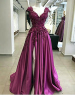Cargar imagen en el visor de la galería, Lace Flowers Beaded Cap Sleeves V-neck Prom Dresses Split Evening Gowns
