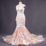 Load image into Gallery viewer, Ivory Lace Appliques Champagne Tulle Backless Mermaid Wedding Dresses
