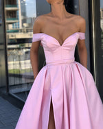 Load image into Gallery viewer, Sexy Off Shoulder Pom Long Dress Leg Split Satin Gowns
