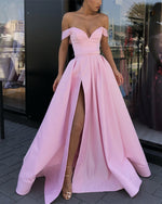 Load image into Gallery viewer, Sexy Off Shoulder Pom Long Dress Leg Split Satin Gowns
